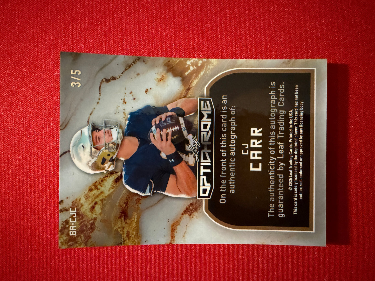 CJ Carr 2026 Leaf Optichrome Football Base Auto Snow Day /5