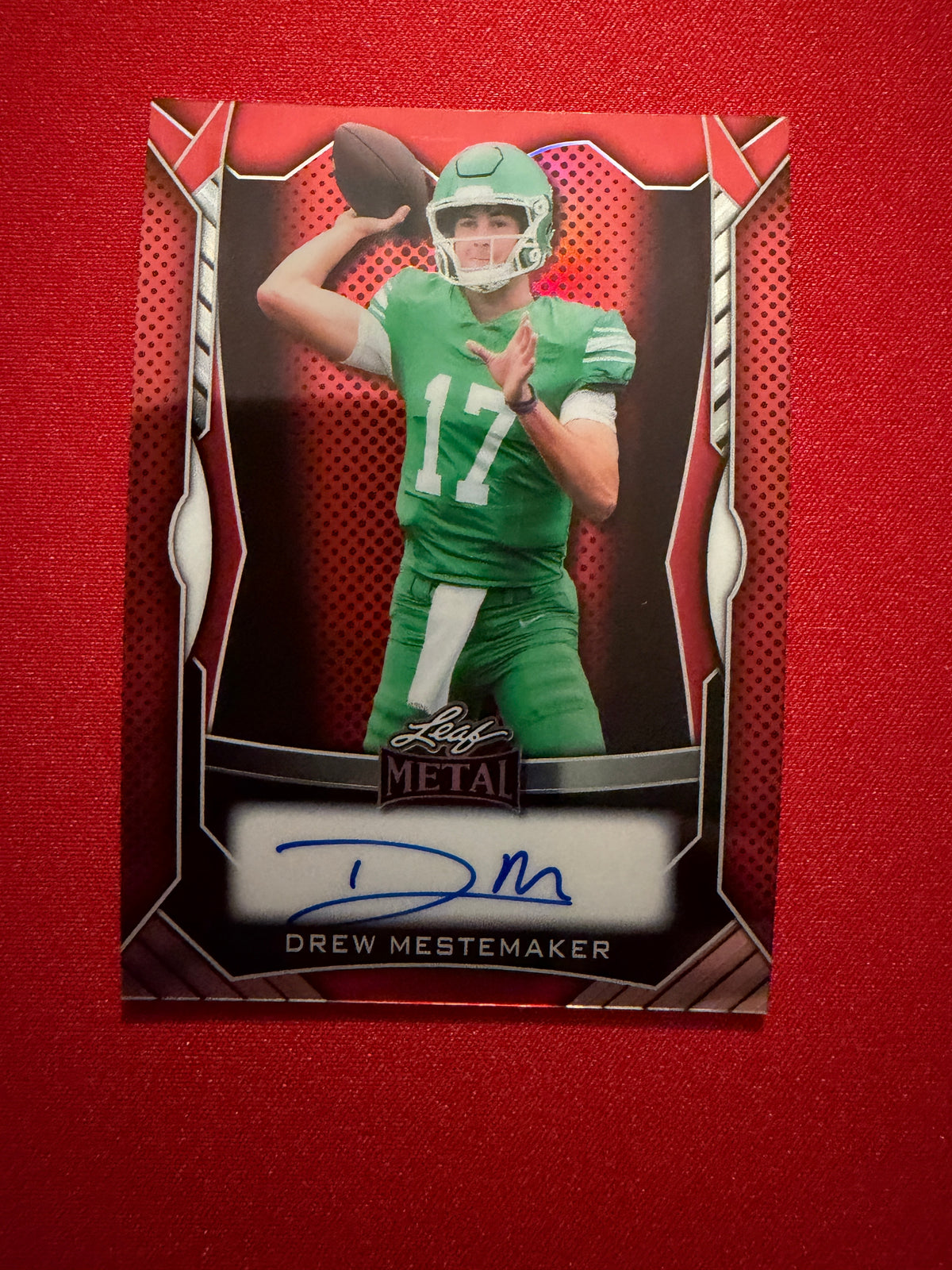 Drew Mestemaker 2026 Leaf Trinity Football Metal Auto On-Card Red 25/25 Bookend