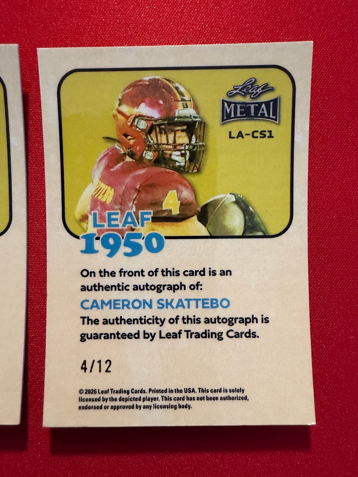 2026 Leaf Metal Football Cam Skattebo 1950 Gold Auto 1/1 Lot
