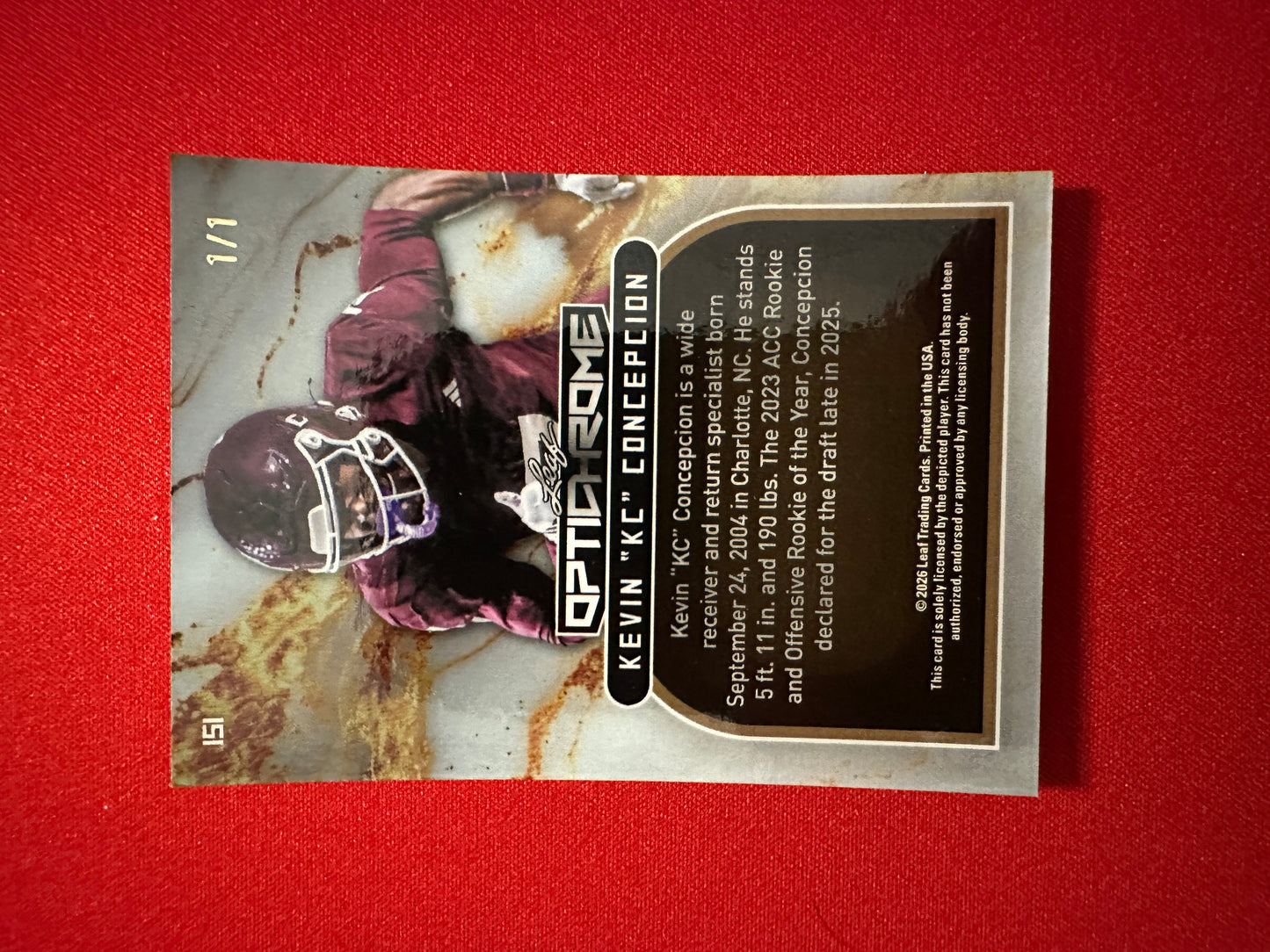 Kevin "KC" Concepcion 2026 Leaf Optichrome Football Red Prismatic 1/1 Non-Auto
