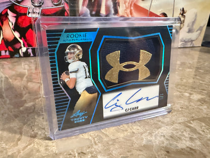 CJ Carr 2026 Leaf Trinity Rookie Auto Mem Black Gold Under Armor Logo Patch 1/1