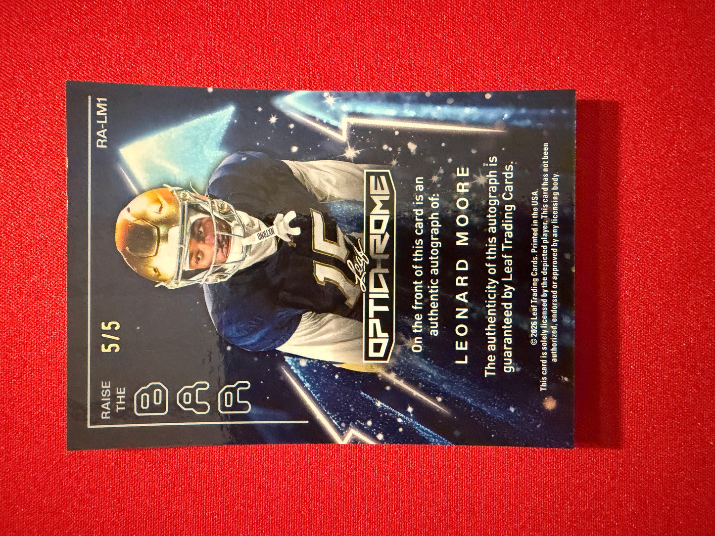 Leonard Moore 2026 Leaf Optichrome Football Raise The Bar Auto Blue Crystal /5
