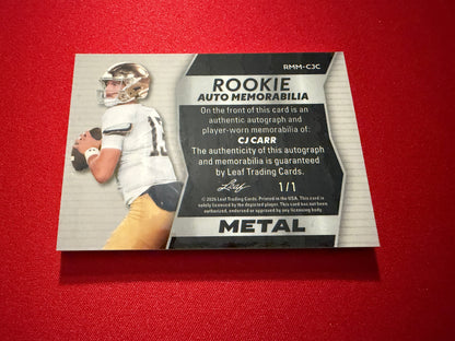 CJ Carr 2026 Leaf Trinity Rookie Auto Mem Metal Super Gold Rubber Patch 1/1