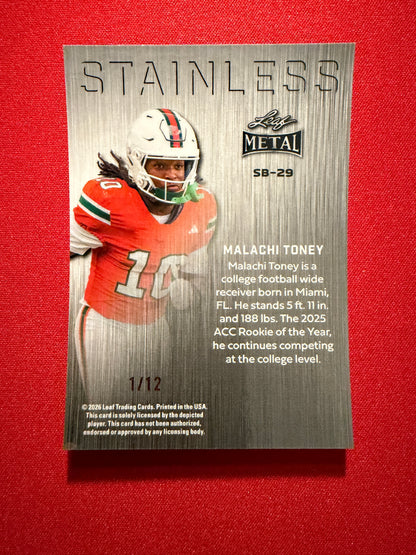 Malachi Toney 2026 Leaf Metal Football Silver Prismatic Stainless 1/12