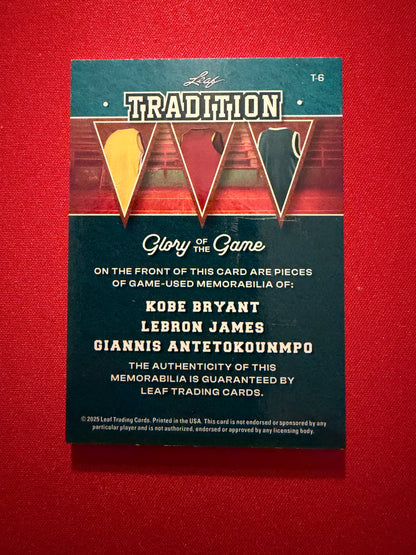 Kobe Bryant LeBron James Giannis 2025 Leaf Glory of the Game Basketball Tradition Triple Game-Used Relic /30