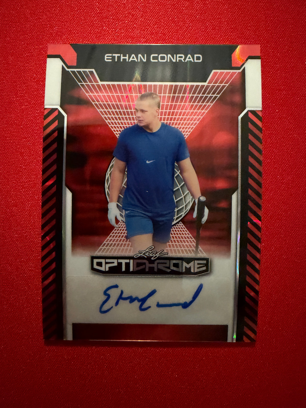 Ethan Conrad 2025 Leaf Optichrome Baseball Base Auto Red Lava 1/2