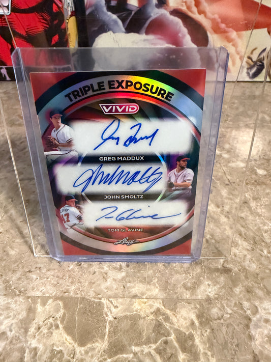 2026 Leaf Vivid Baseball Triple Exposure Auto Maddux Glavine Smoltz Red
