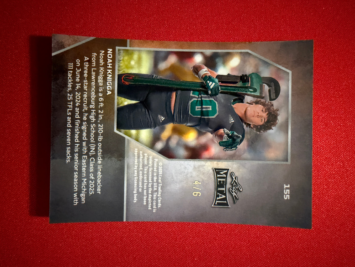 Noah Knigga 2026 Leaf Metal Football Base Pink Shimmer 4/6