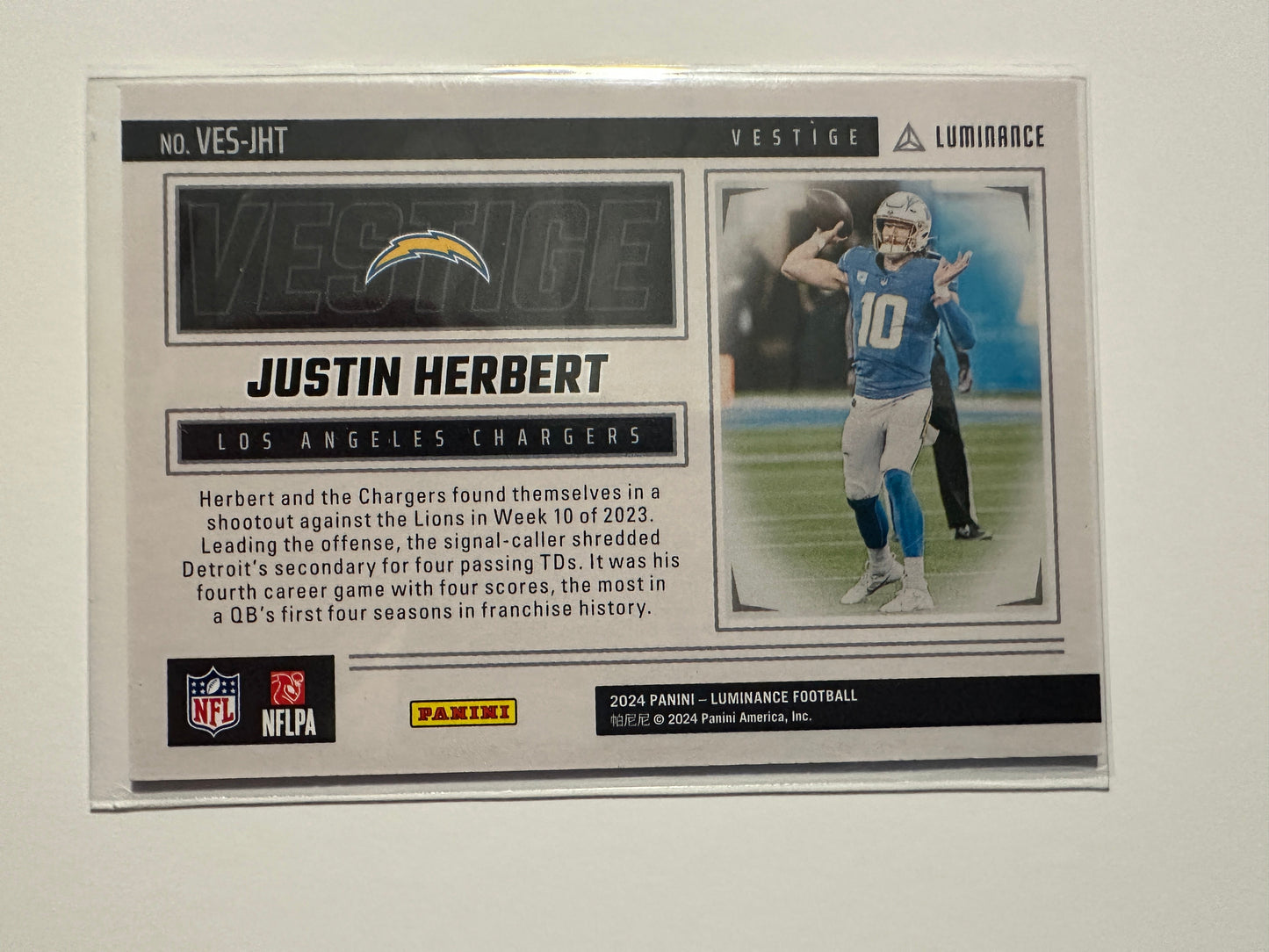 Justin Herbert #VES-JHT Numbered 13/50 (2024 Panini Luminance Vestige)