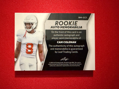 Cam Coleman 2026 Leaf Trinity Rookie Auto Memorabilia Multicolor Patch /25