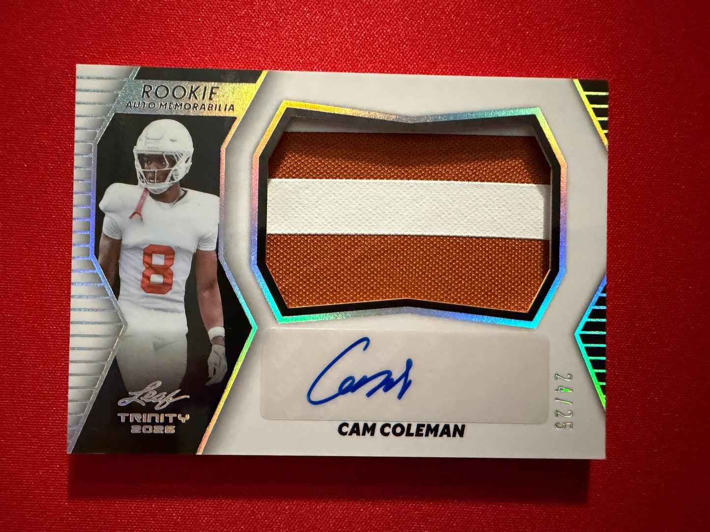 Cam Coleman 2026 Leaf Trinity Rookie Auto Memorabilia Multicolor Patch /25
