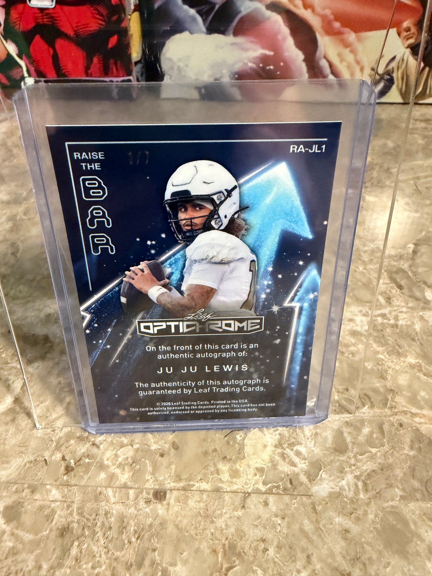 Juju Lewis 2026 Leaf Optichrome Football Auto Raise the Bar Purple Crystal 1/7