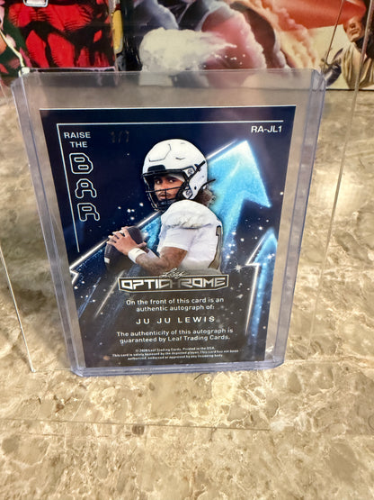 Juju Lewis 2026 Leaf Optichrome Football Auto Raise the Bar Purple Crystal 1/7
