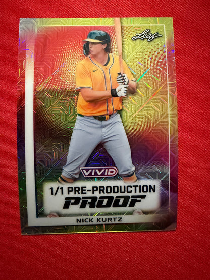 2026 Leaf Vivid Baseball Nick Kurtz 1/1 Yellow Auto Pre-Prod Proof