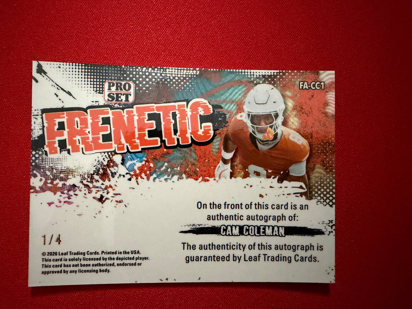 2026 Leaf Pro Set Metal Football Cam Coleman Frenetic Auto Orange Color Match 1/4