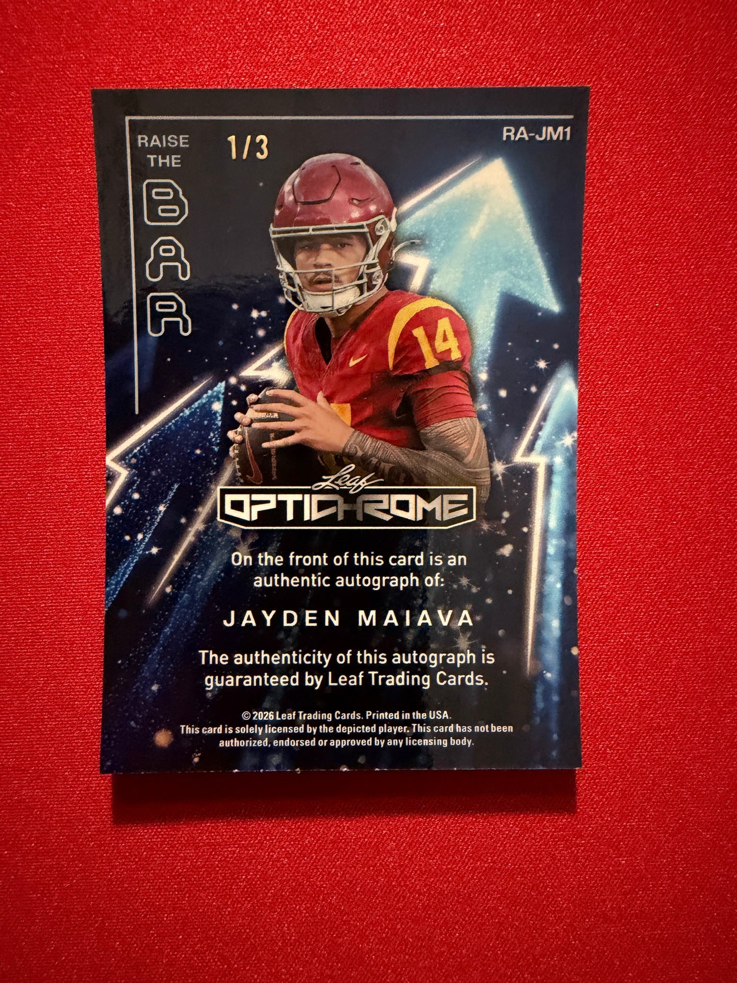 2026 Leaf Optichrome Football Jayden Maiava Raise the Bar Auto Green Shimmer 1/3