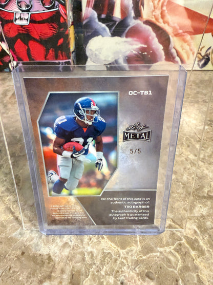 2026 Leaf Metal Football Base Platinum Blue Shimmer On-Card Autograph Tiki Barber 5/5