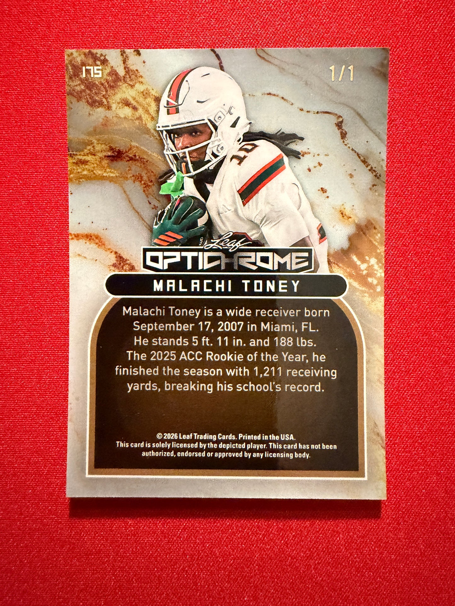 Malachi Toney 2026 Leaf Optichrome Football Platinum Shimmer 1/1