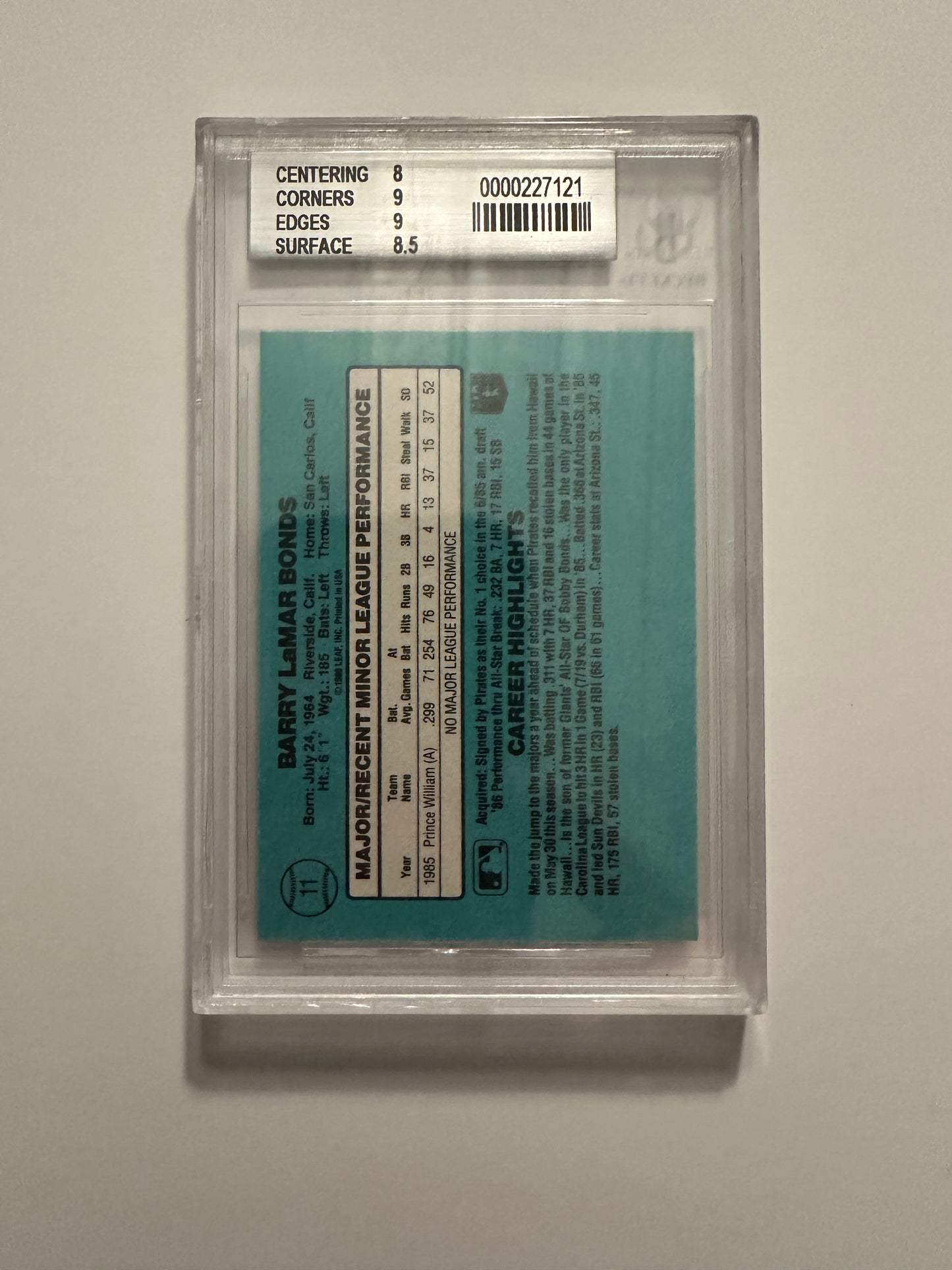 Barry Bonds #11 BVG/PSA Graded NM-MT+ 8.5 (1986 Donruss Rookies)