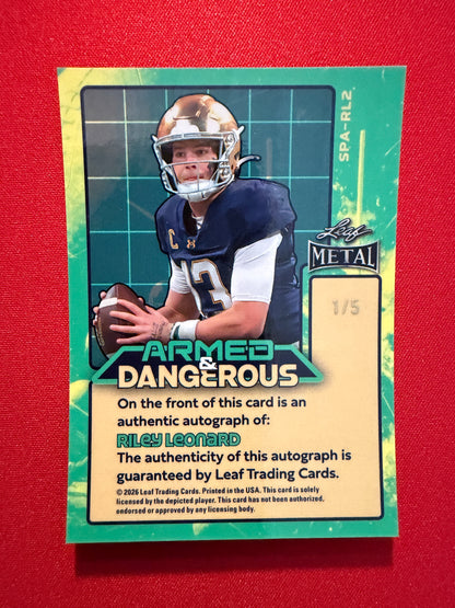 2026 Leaf Metal Football Riley Leonard Armed & Dangerous Auto Blue 1/5