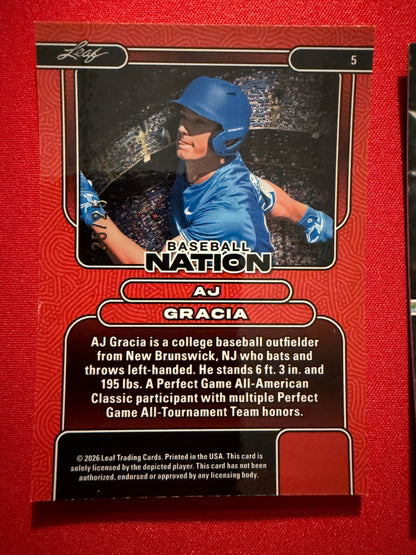 AJ Gracia 2026 Leaf Baseball Nation Base Diamond Studs 3-Card Lot