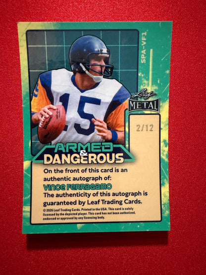 2026 Leaf Metal Football Vince Ferragamo Auto Armed & Dangerous Space Silver /12