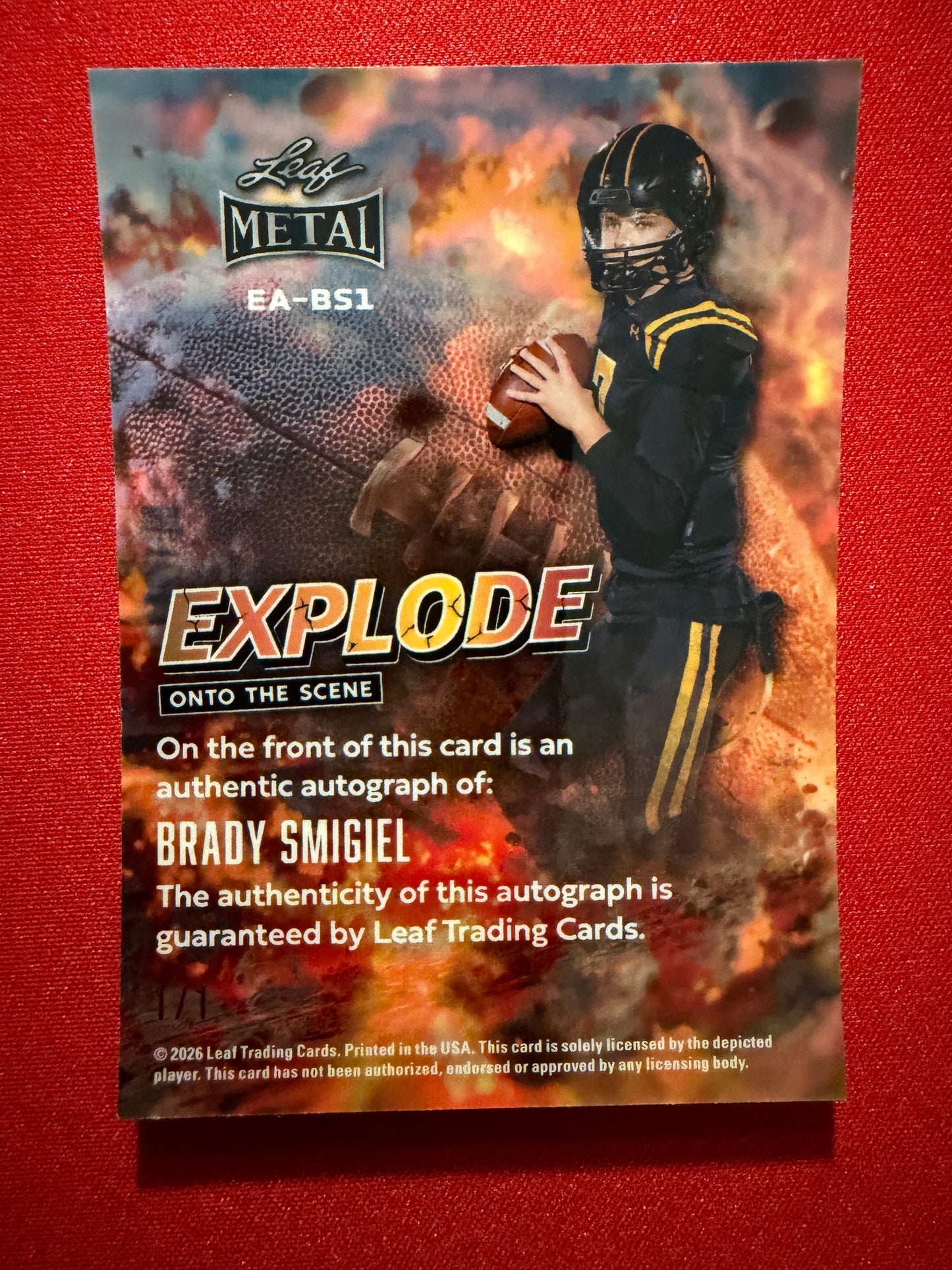 2026 Leaf Metal Football Brady Smigiel Auto Explode Onto Scene Gold Super Prismatic 1/1