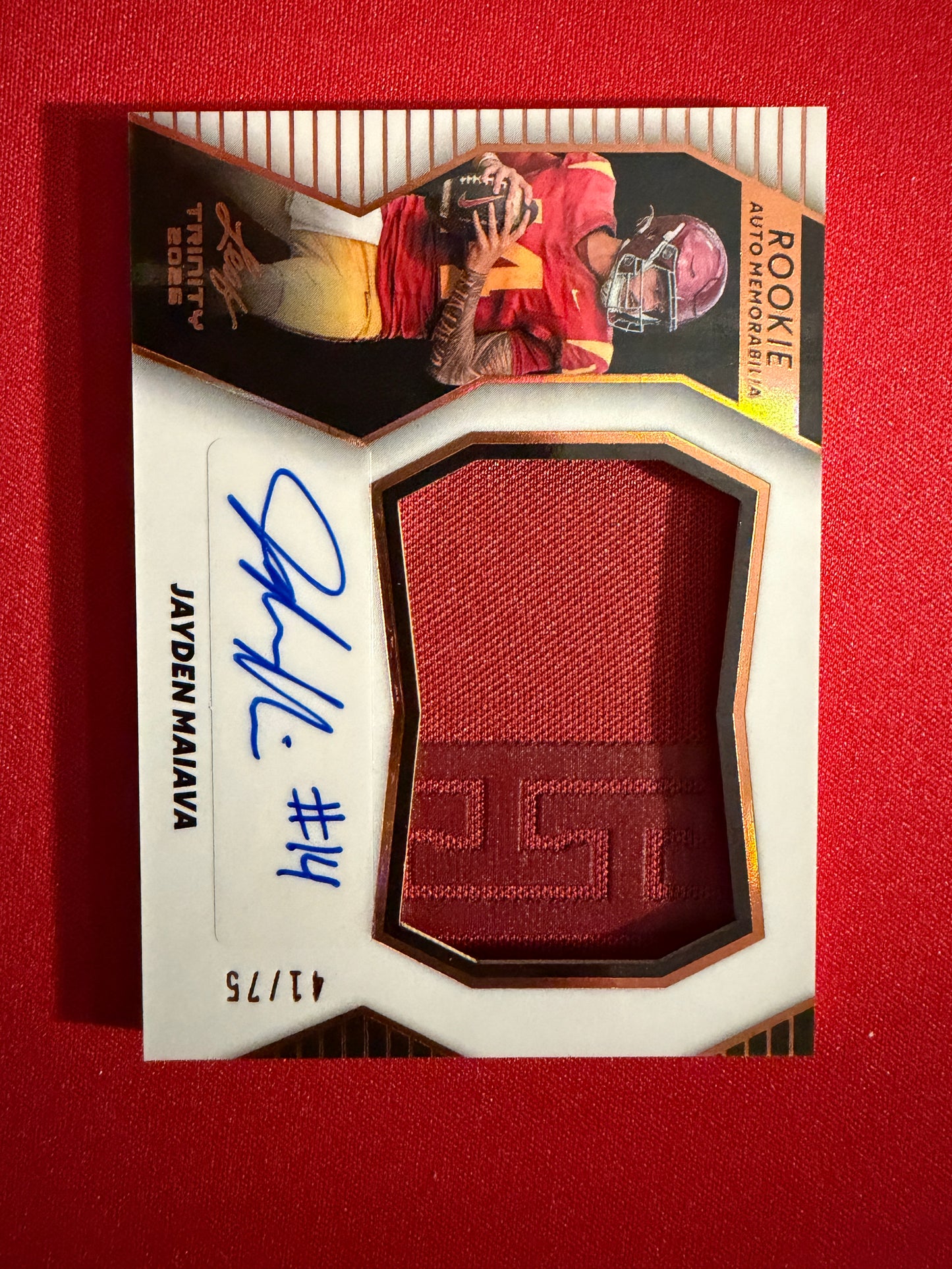 2026 Leaf Trinity Jayden Maiava Rookie Auto Memorabilia Patterned Patch /75