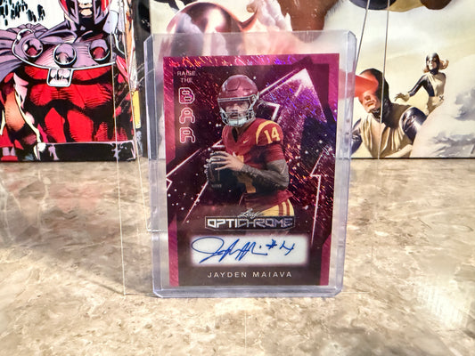 2026 Leaf Optichrome Football Jayden Maiava Raise The Bar Auto Pink 1/6 Bookend