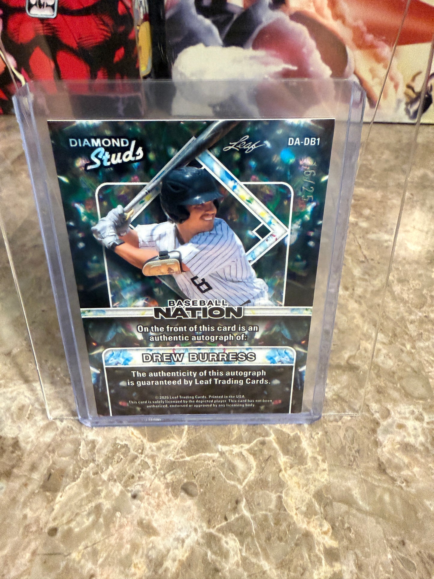 Drew Burress 2026 Leaf Baseball Nation Diamond Studs Silver Prismatic Auto /25