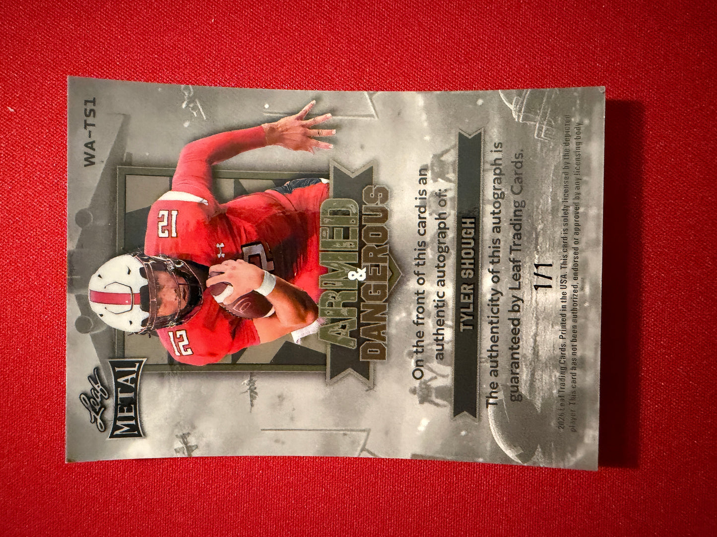 Tyler Shough Leaf Metal Football Armed & Dangerous Auto Blue 1/1