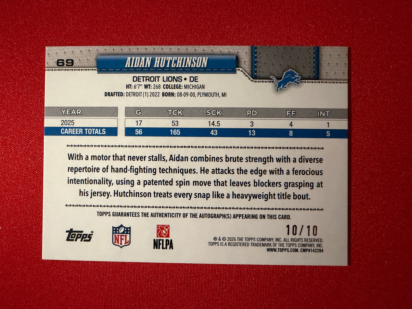 Aidan Hutchinson 2026 Topps Flagship Auto Black Holo Jersey Color Match 10/10