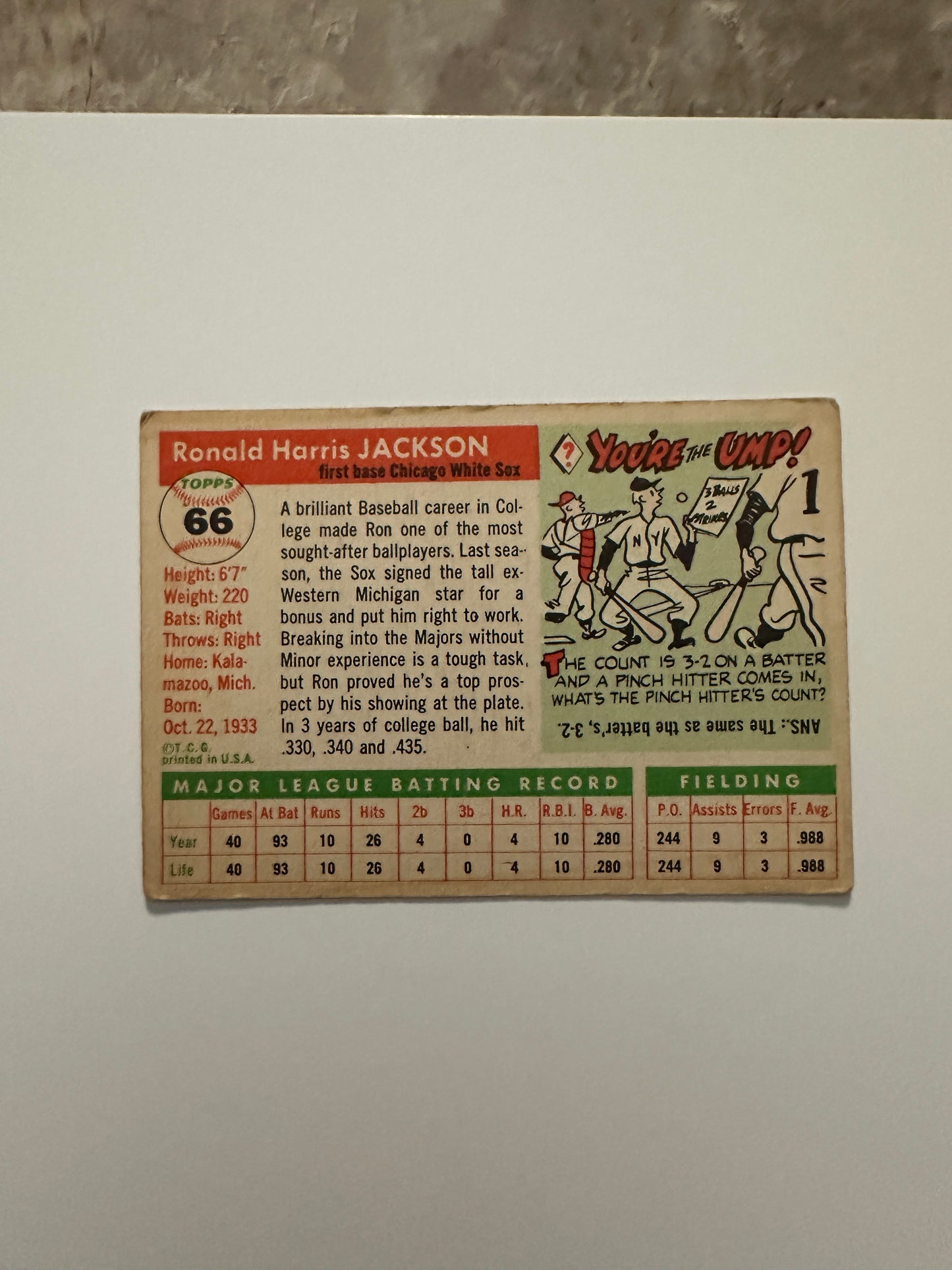1955 Topps RON JACKSON #66 Rookie Card RC - Chicago White Sox - Vintage