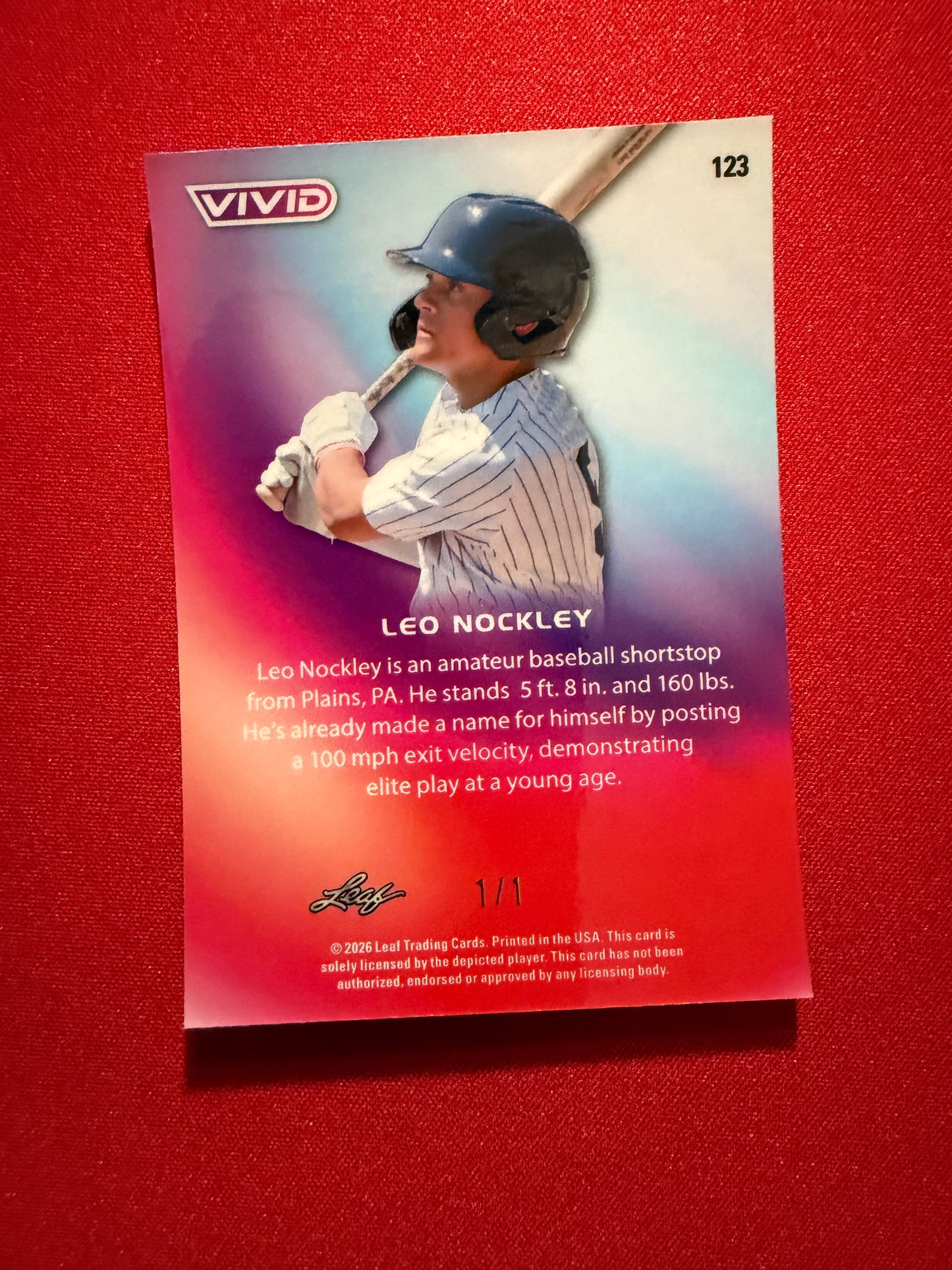 2026 Leaf Vivid Baseball Gold Super Prismatic Leo Nockley True 1/1