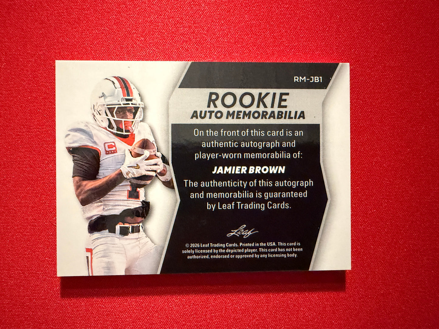 Jamier Brown 2026 Leaf Trinity Football Rookie Auto Memorabilia Patch Purple /15