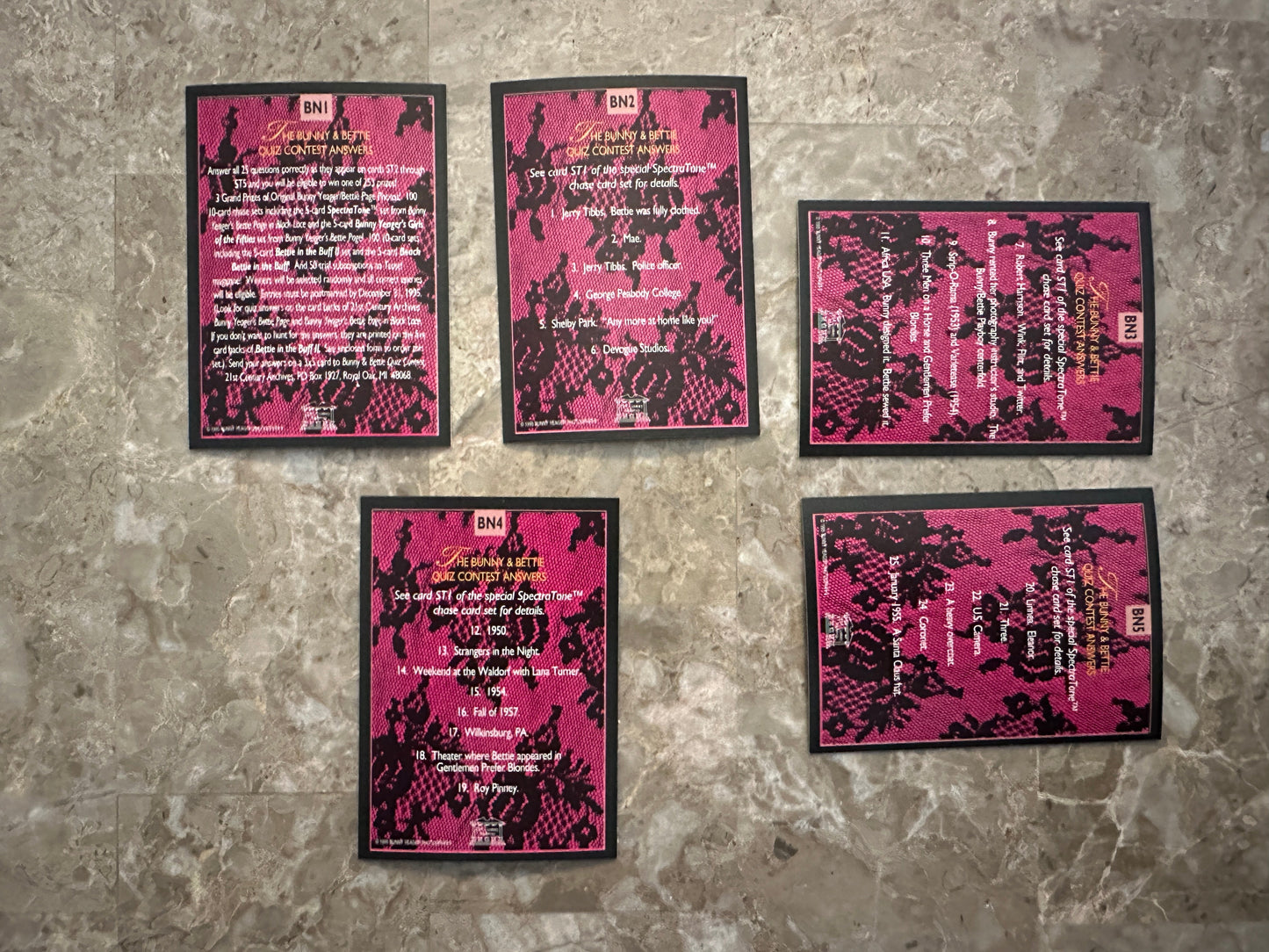 The Bunny & Bettie Page Quiz Contest Answers 5 Card Set (1995 21st Century)