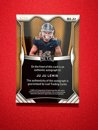 Juju Lewis 2026 Leaf Trinity Football Metal Auto Blue Crystal /30
