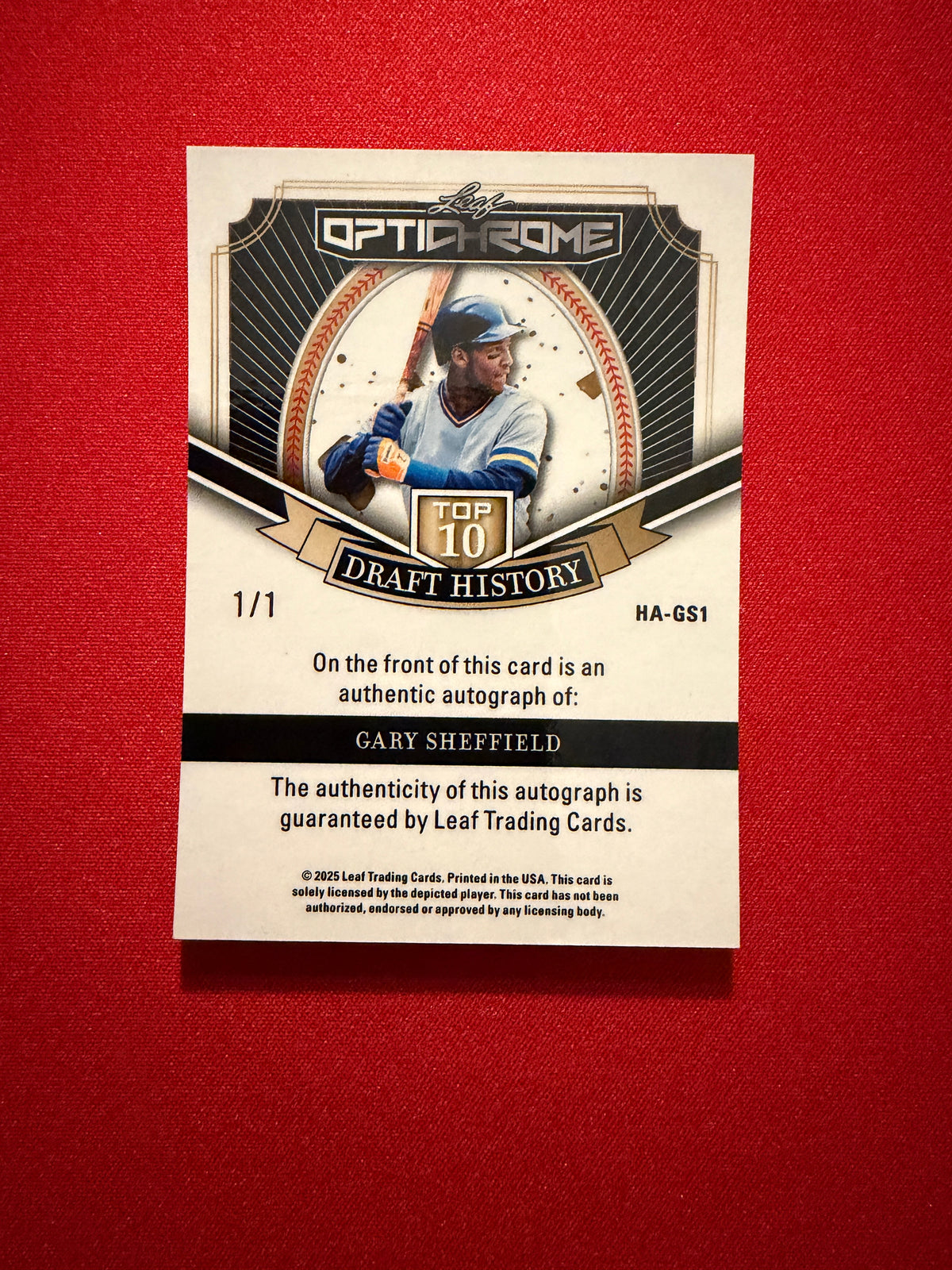 Gary Sheffield 2025 Leaf Optichrome Top 10 Draft History Auto Inscription 1/1