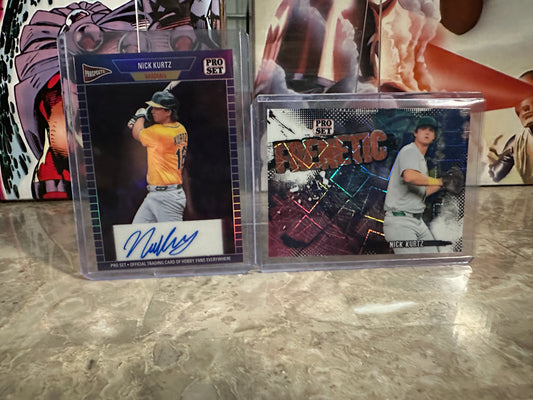 Nick Kurtz 2026 Pro Set Two Card Lot 1989 Purple AUTO /8 Frenetic Blue /10
