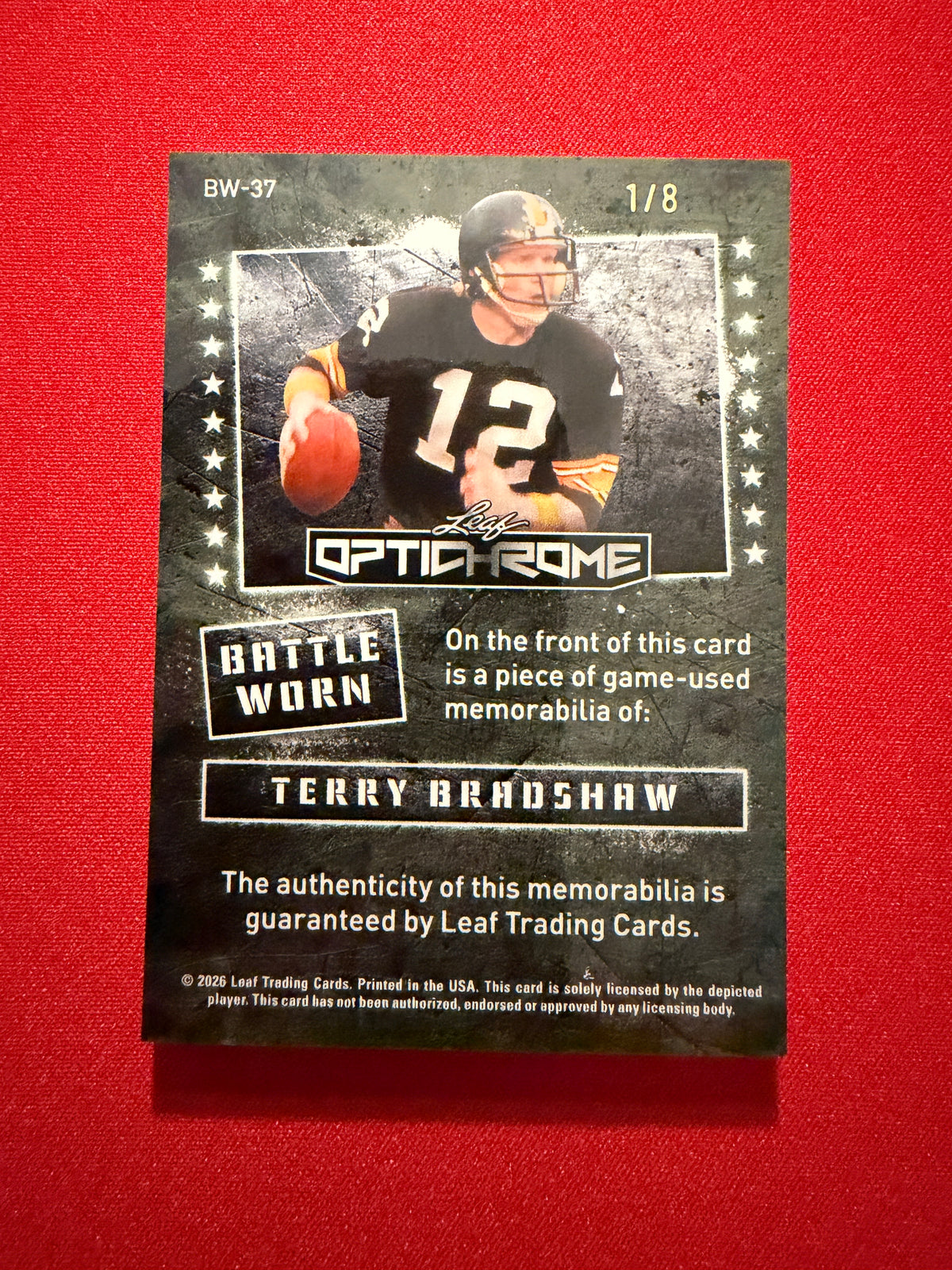 2026 Leaf Optichrome Terry Bradshaw Battle Worn Platinum Multicolor Game-Used /8