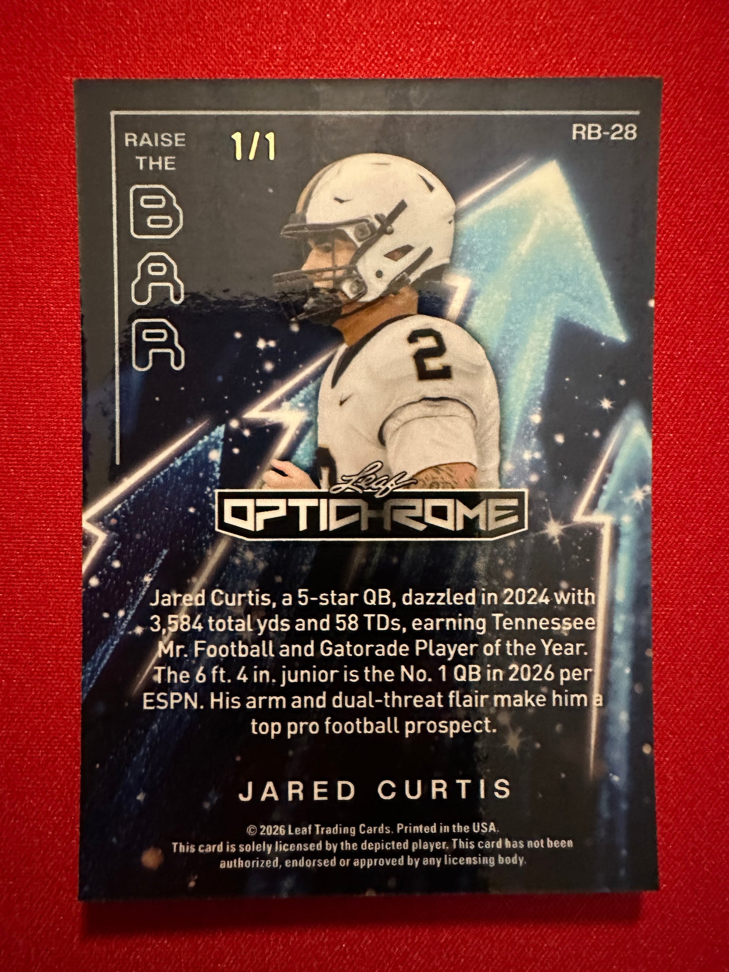 2026 Leaf Optichrome Football Jared Curtis Raise the Bar Pink Prismatic 1/1