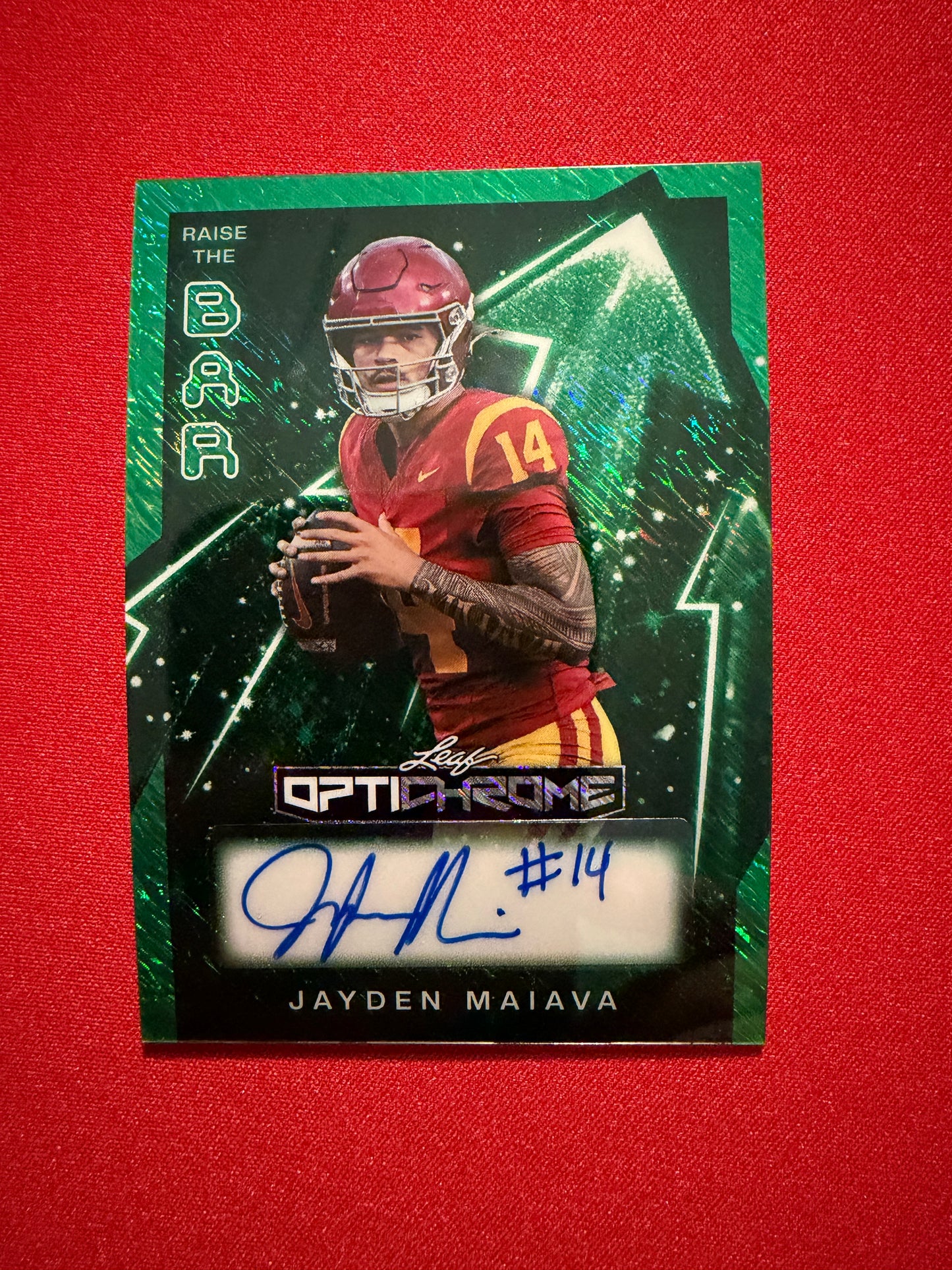 2026 Leaf Optichrome Football Jayden Maiava Raise the Bar Auto Green Shimmer 1/3