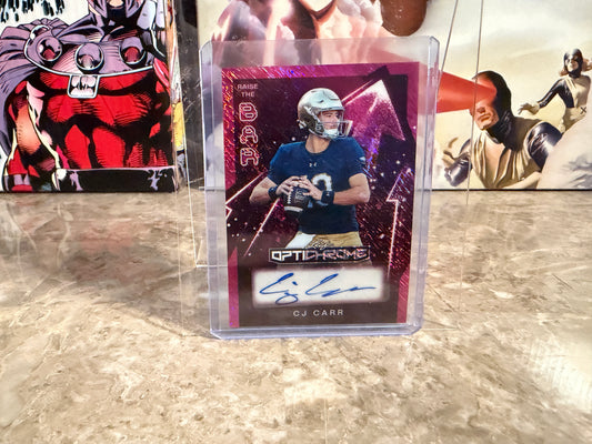 CJ Carr 2026 Leaf Optichrome Football Raise The Bar Auto Pink /6