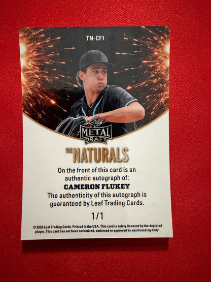 Cameron Flukey 2026 Leaf Metal Draft Edition Baseball The Naturals Auto Gold 1/1