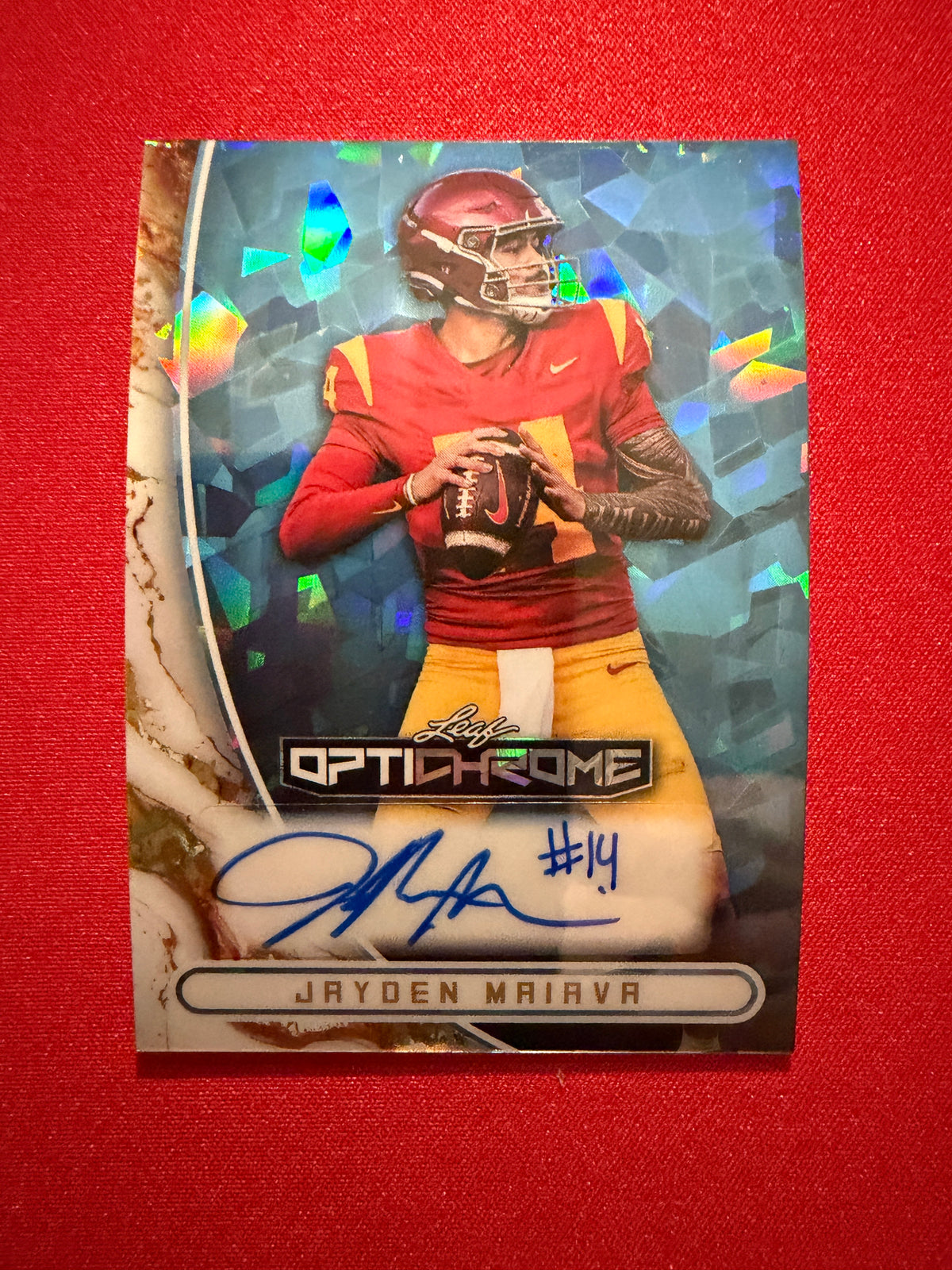 2026 Leaf Optichrome Football Jayden Maiava Base Autograph Platinum Crystal /8