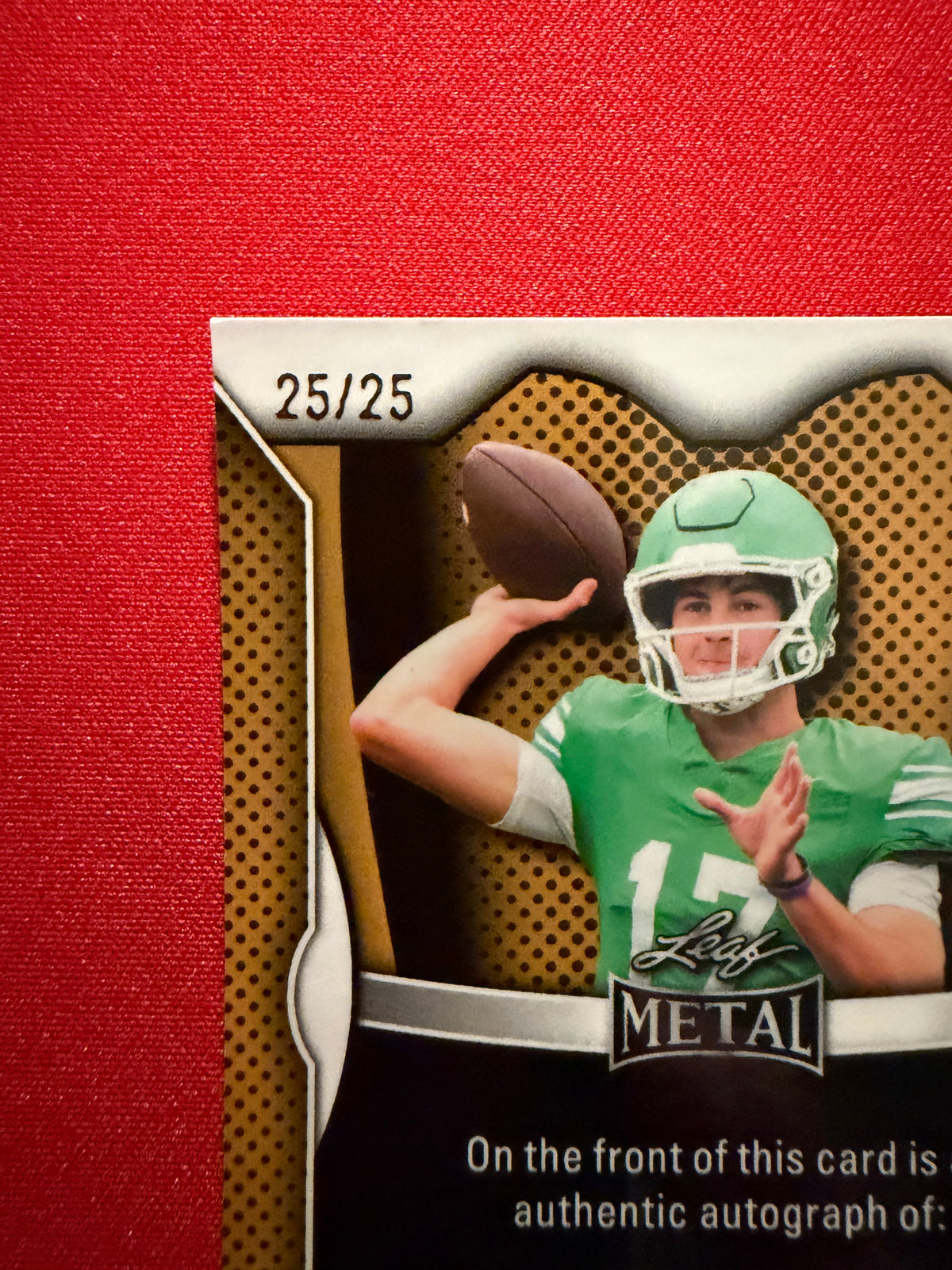 Drew Mestemaker 2026 Leaf Trinity Football Metal Auto On-Card Red 25/25 Bookend