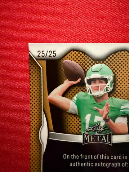 Drew Mestemaker 2026 Leaf Trinity Football Metal Auto On-Card Red 25/25 Bookend