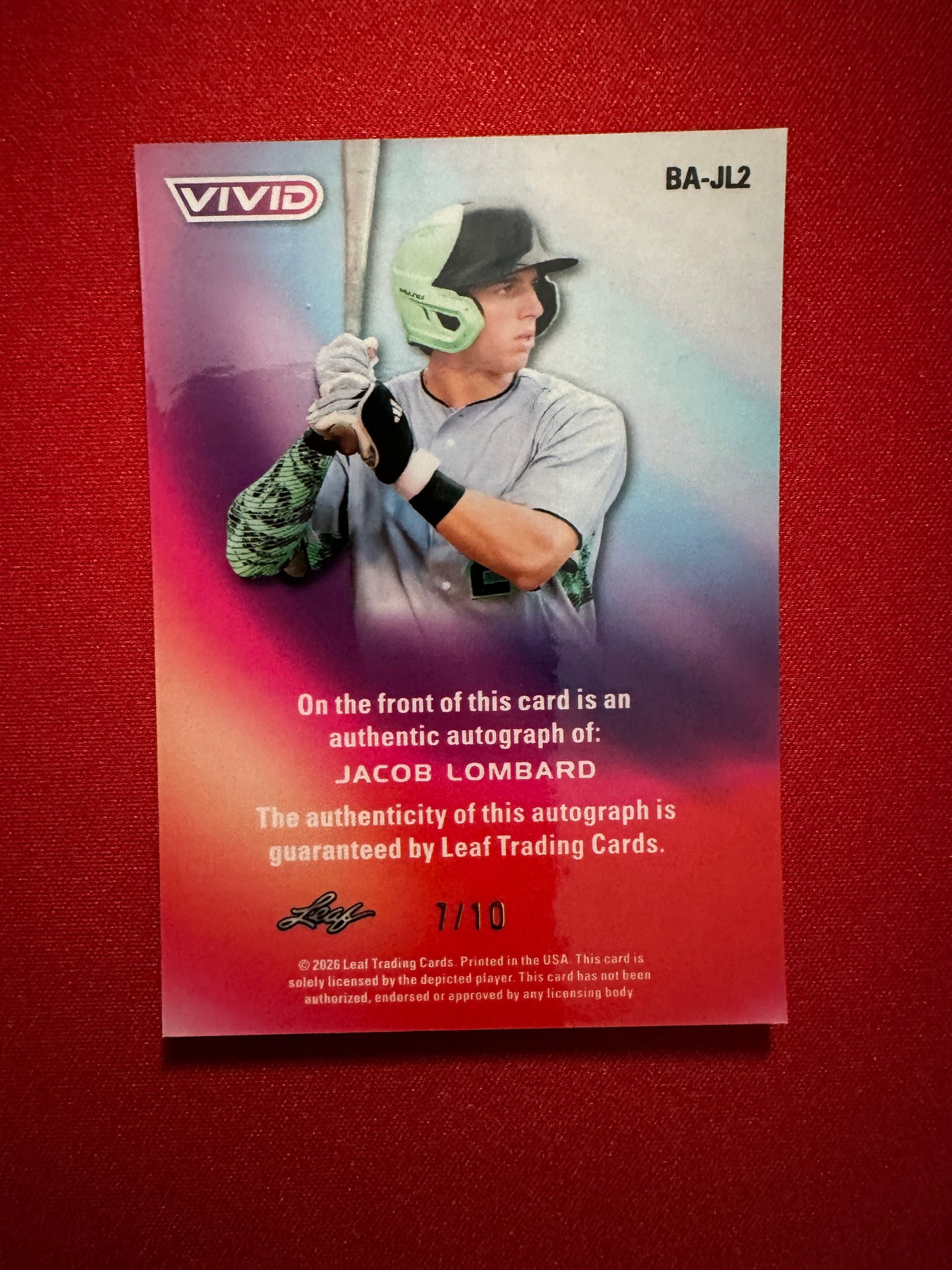 Jacob Lombard 2026 Leaf Vivid Green Autograph 7/10 Elite Shortstop Prospect