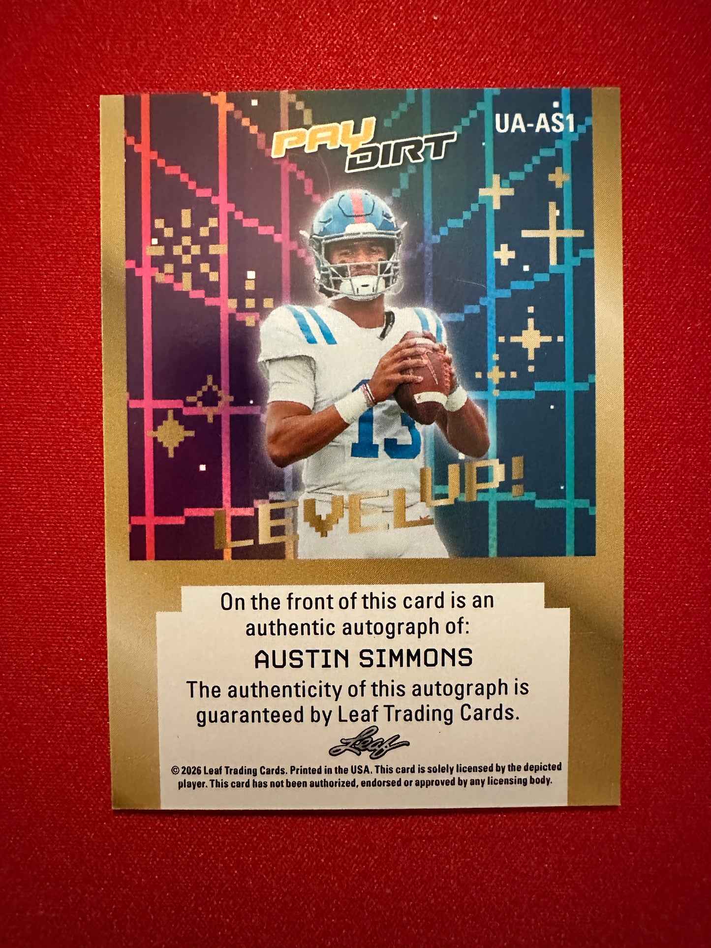 Austin Simmons 2026 Leaf Paydirt Football Level Up Autograph Gold 1/1