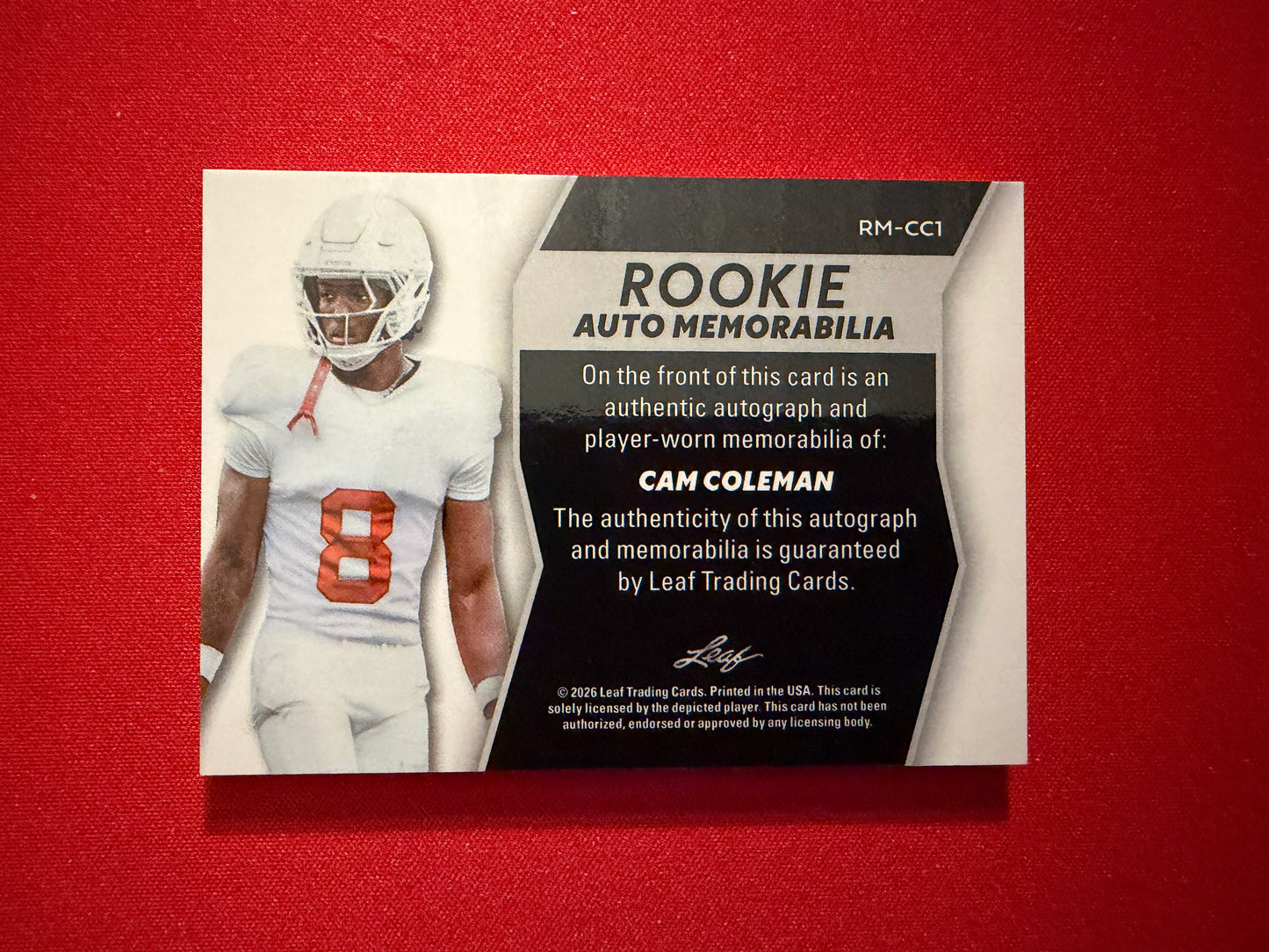 Cam Coleman 2026 Leaf Trinity Rookie Auto Memorabilia Multicolor Patch /10